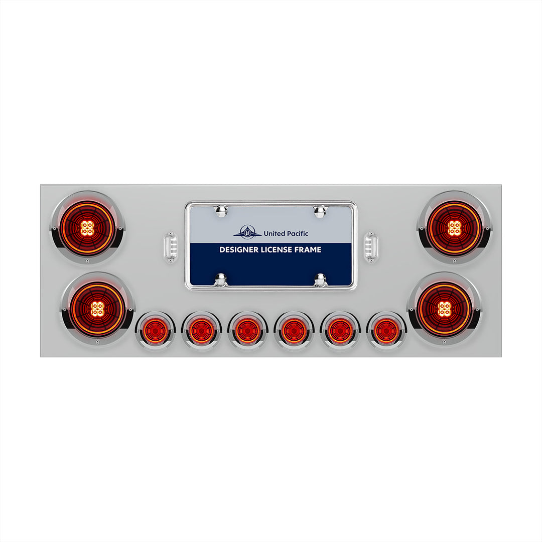Stainless Steel Rear Center Panel With Four 13 LED 4" Abyss Light &amp; Six 4 LED 2" Lights &amp; Visors - Red LED/Red Lens
