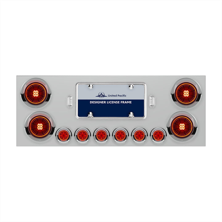 Stainless Steel Rear Center Panel With Four 13 LED 4" Abyss Light &amp; Six 4 LED 2" Lights &amp; Visors - Red LED/Red Lens