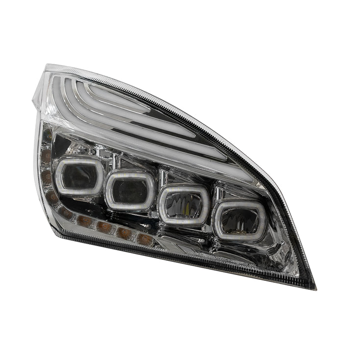 Chrome Quad - LED Headlight With LED DRL &amp; Seq. Signal For 2018-2024 Freightliner Cascadia - Passenger