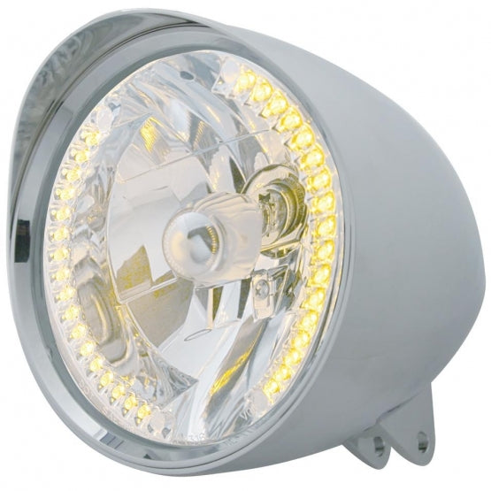 Motorcycle Chrome "Chopper" Headlight With Smooth Visor H4 Bulb With 34 Amber LED