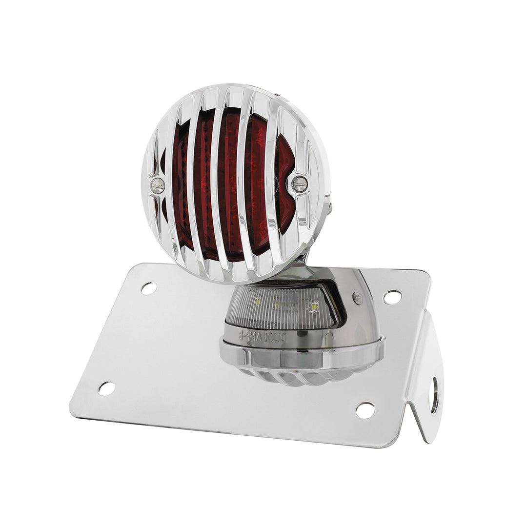 Motorcycle LED "Bobber" Style Horizontal Tail Light With Chrome Grille Bezel - Red Lens