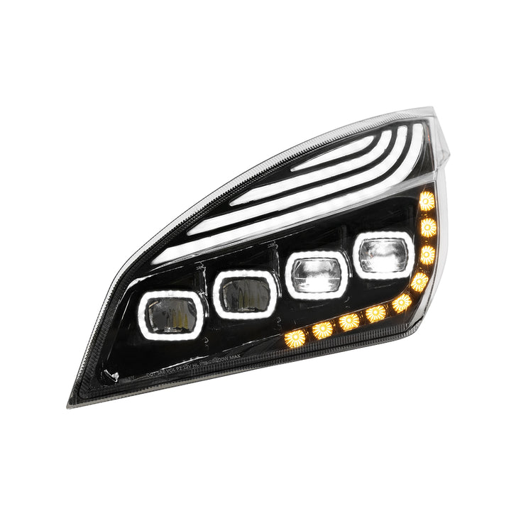 Black Quad - LED Headlight With LED DRL &amp; Seq. Signal For 2018-2024 Freightliner Cascadia - Driver