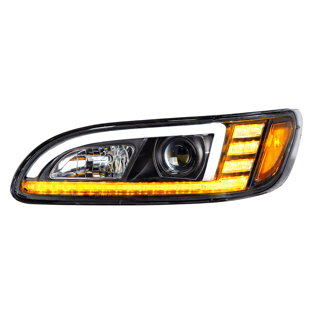 Black Projection Headlight With LED Sequential Turn &amp; DRL For 2005-2015 Peterbilt 386 - Driver