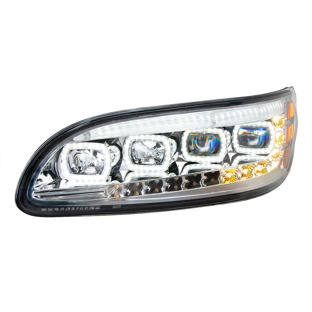 Chrome Quad - LED Headlight With LED DRL &amp; Seq. Signal For 2005-2015 Peterbilt 386 - Driver