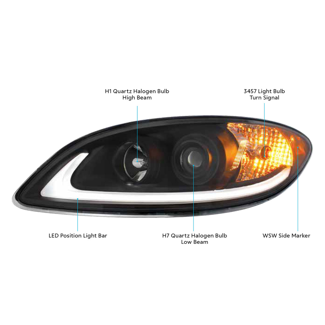 Black Projection Headlight With LED Light Bar For 2006-2017 International Prostar - Driver