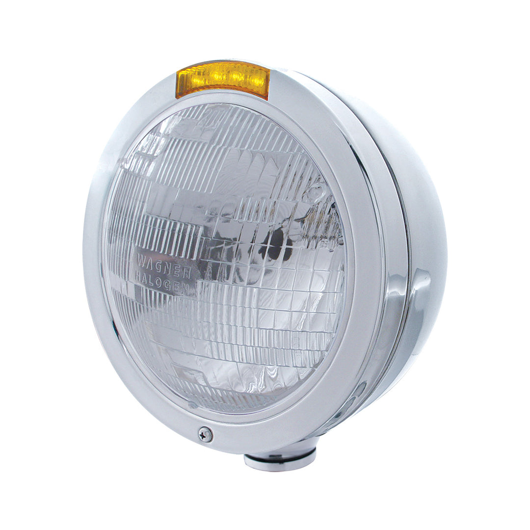 Stainless Steel Bullet Classic Headlight H6024 Bulb &amp; LED Turn Signal - Amber Lens