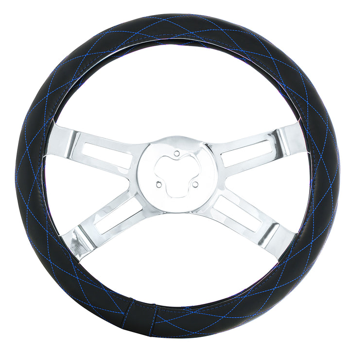18" Crystal Stitched Leather Steering Wheel Cover - Blue Stitching