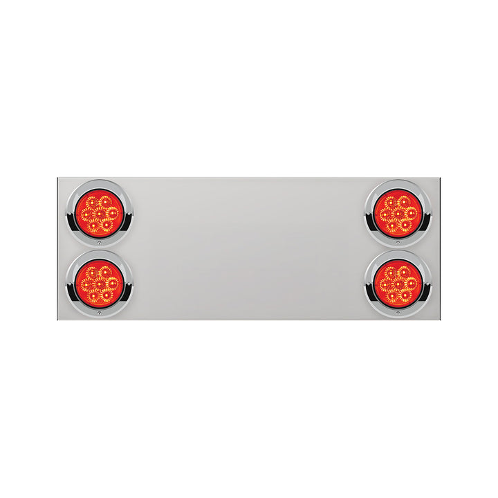 33-3/4" Stainless Rear Center Panel With Four 7 LED 4" Reflector Lights &amp; Visors(No LP Holes) - Red LED/Red Lens