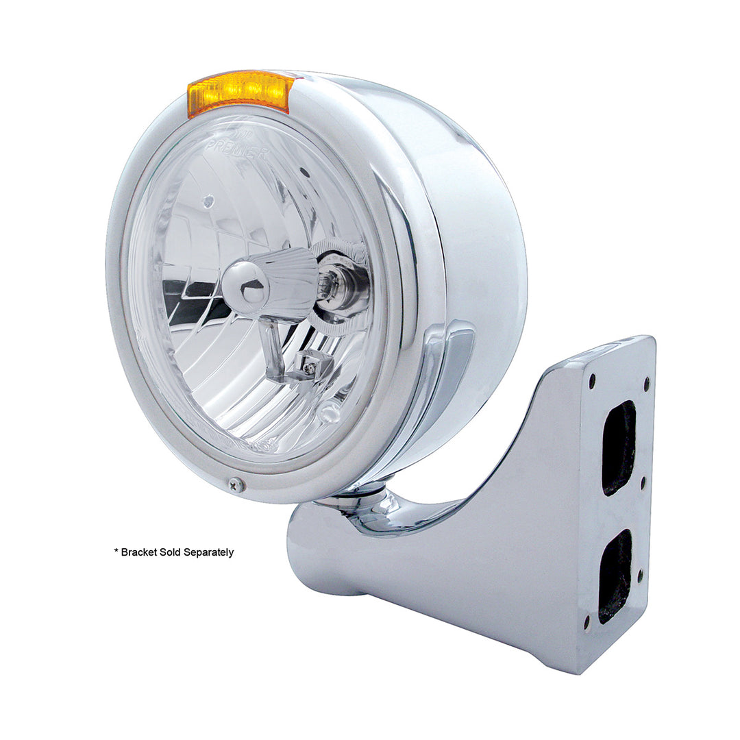 Stainless Steel Classic Half Moon Headlight Crystal H4 Bulb &amp; LED Turn Signal - Amber Lens