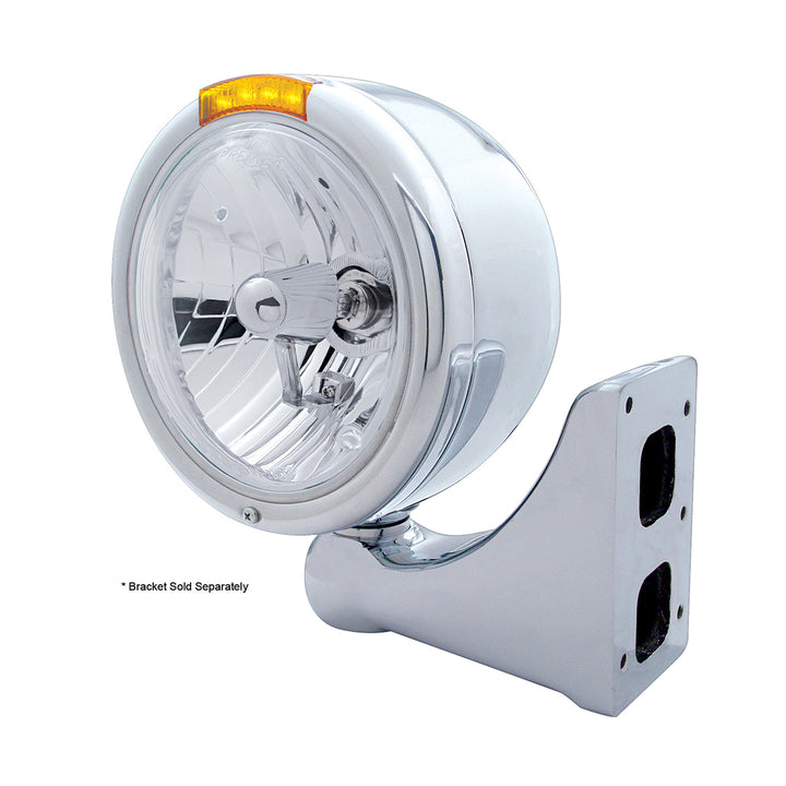 Stainless Steel Classic Half Moon Headlight Crystal H4 Bulb &amp; LED Turn Signal - Amber Lens