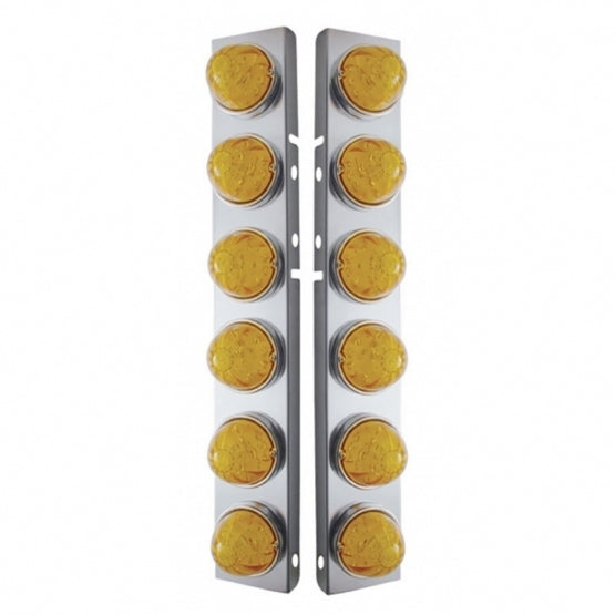 Stainless Steel Front Air Cleaner Bracket W/12 x 17 LED Watermelon Lights &amp; Stainless Steel Bezels For Peterbilt - Amber LED &amp; Lens (Pair)