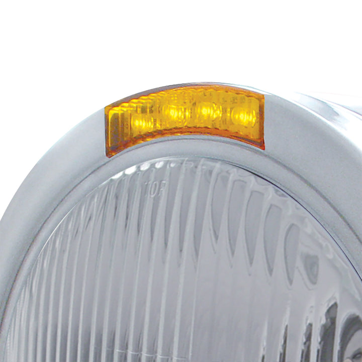 Stainless Steel Bullet Half Moon Headlight H4 Bulb &amp; LED Turn Signal - Amber Lens
