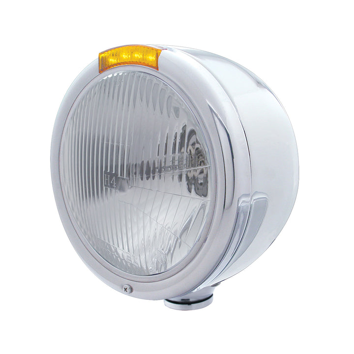 Stainless Steel Classic Half Moon Headlight H4 Bulb &amp; LED Turn Signal - Amber Lens