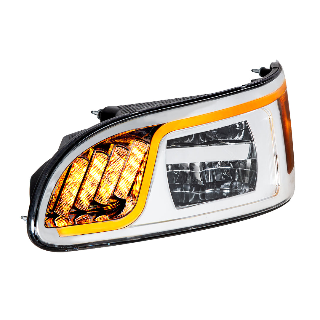 Chrome LED Headlight With LED Turn, Position, &amp; DRL For Peterbilt 386 (2005-2015) &amp; 387 (1999-2010) - Driver
