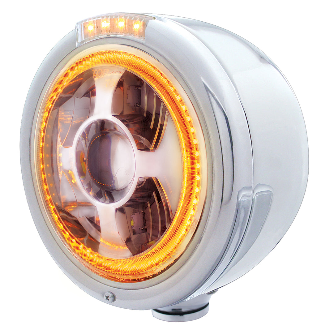 Stainless Steel Bullet Half Moon Headlight LED Projection Headlight &amp; LED Turn Signal - Clear Lens