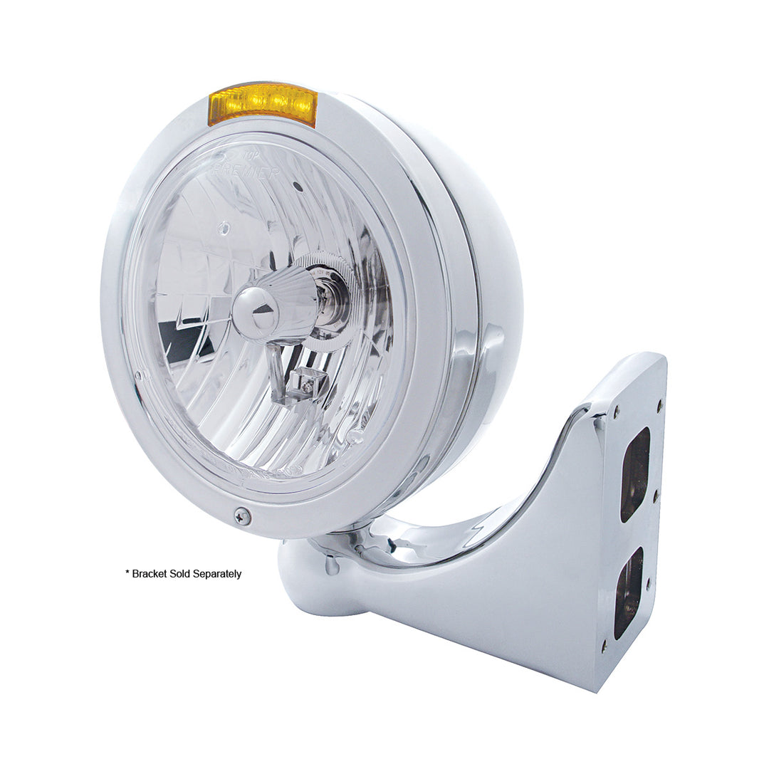 Stainless Steel Bullet Classic Headlight Crystal H4 Bulb &amp; LED Turn Signal - Amber Lens