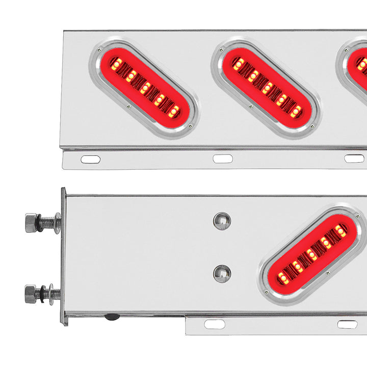3-3/4" Bolt Pattern Stainless Steel Spring Loaded Bar With 6 x 22 Red LED 6" Oval GloLight &amp; Visor - Clear Lens (Pair)