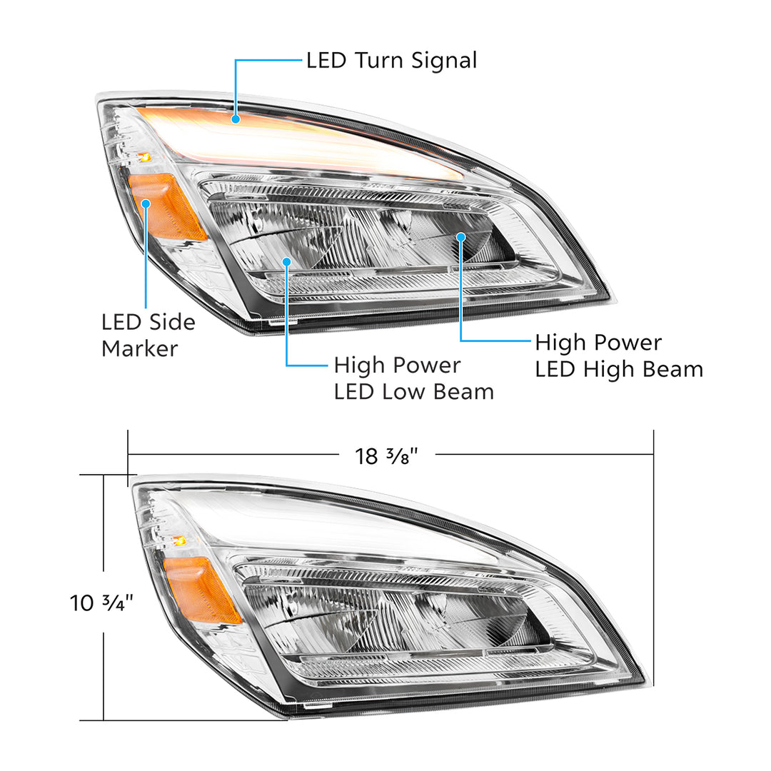 High Power Chrome LED Headlight For 2018-2024 Freightliner Cascadia - Passenger
