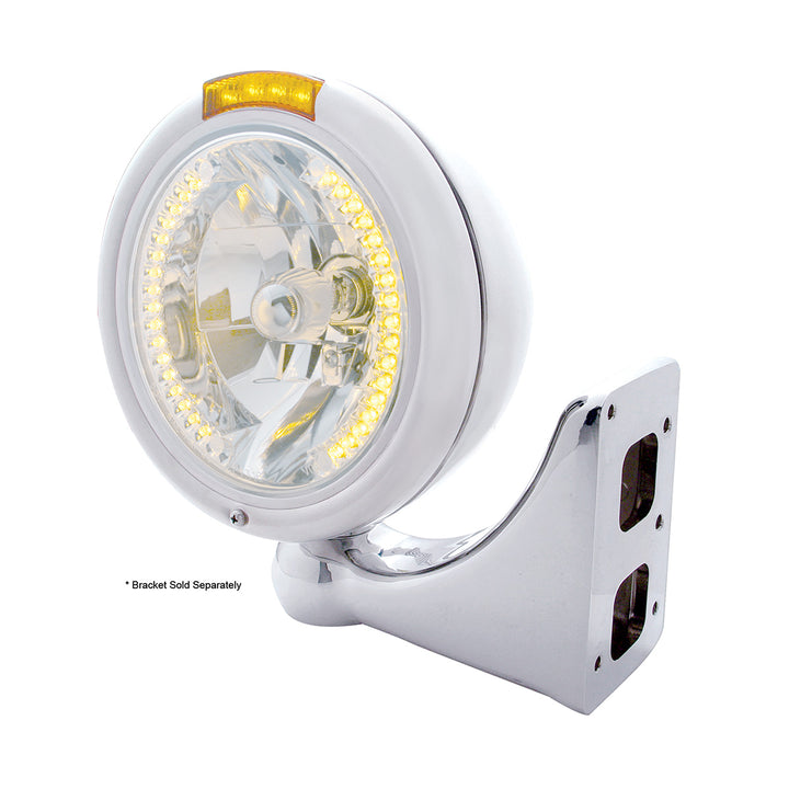 Chrome Classic Headlight H4 With 34 Amber LED &amp; Dual Mode LED Signal - Amber Lens