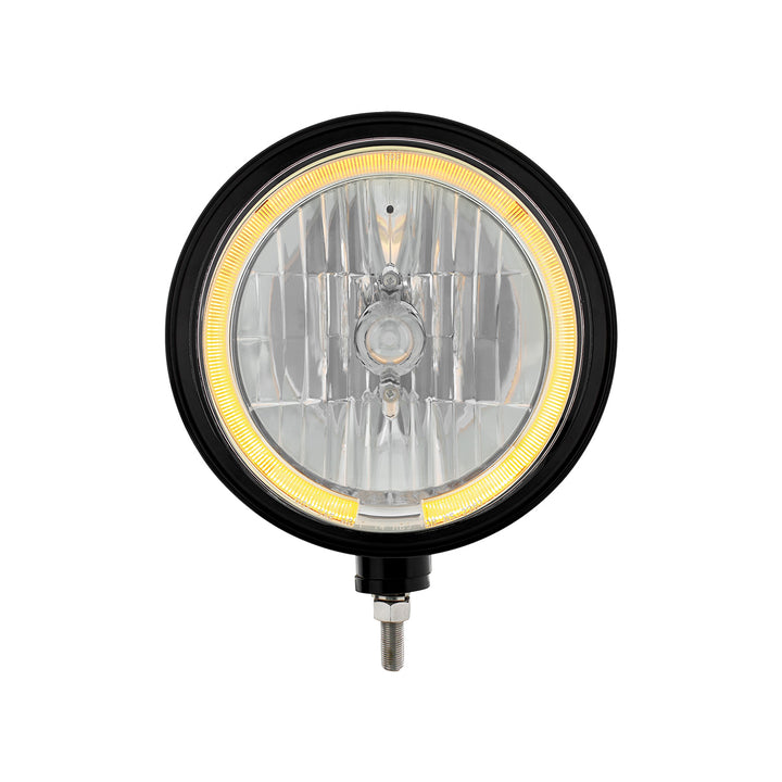 Black "Billet" Style Groove Headlight 9007 Bulb With Amber LED Halo Rim