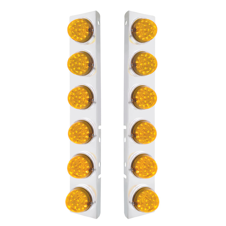 Stainless Steel Front Air Cleaner Bracket With 12 x 17 Amber LED Dual Function Reflector Lights &amp; Stainless Steel Bezels For Peterbilt - Amber Lens