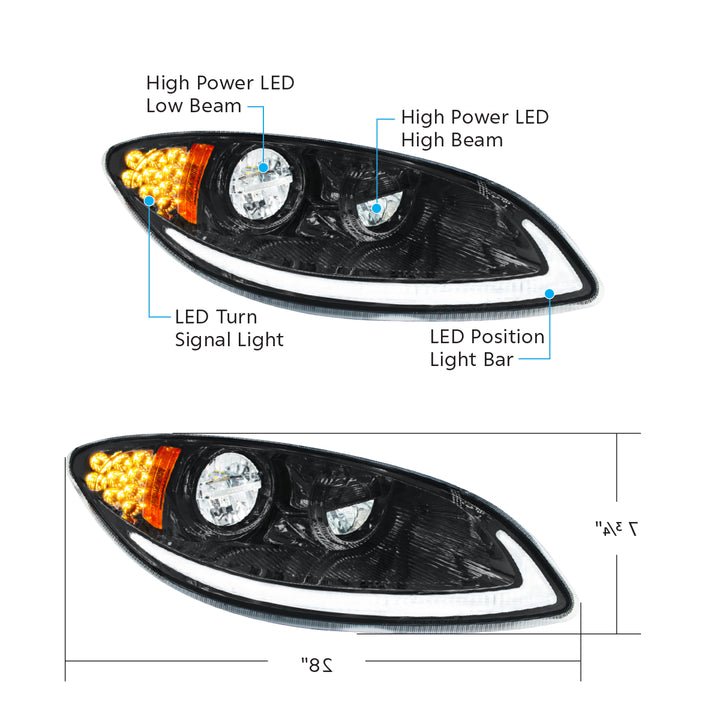 Blackout LED Headlight With LED Light Bar &amp; Turn Signal For 2006-2017 International Prostar - Passenger