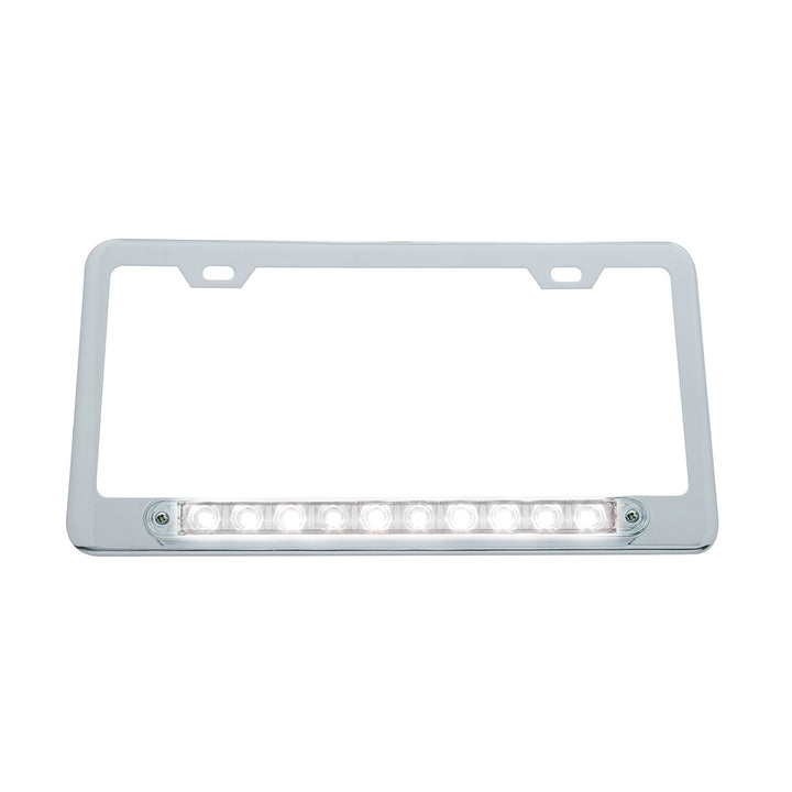 Chrome License Plate Frame With 10 LED 9" Light Bar - White LED/Clear Lens