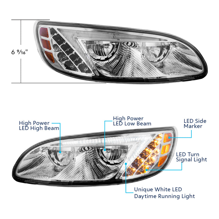 Chrome LED Headlight For Peterbilt 386 (2005-2015) &amp; 387 (1999-2010) - Passenger
