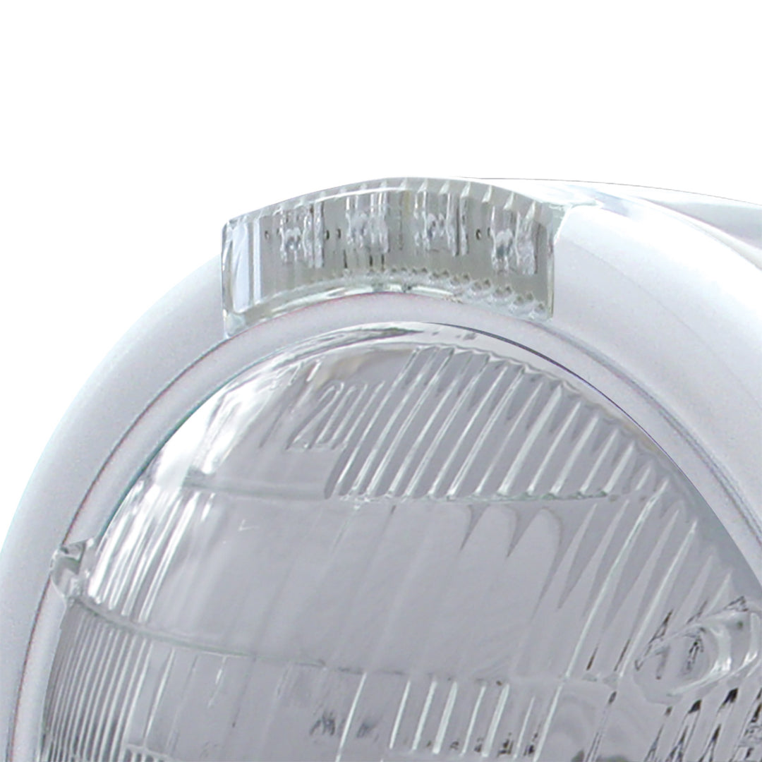 Stainless Steel Classic Half Moon Headlight 6014 Bulb &amp; LED Turn Signal - Clear Lens