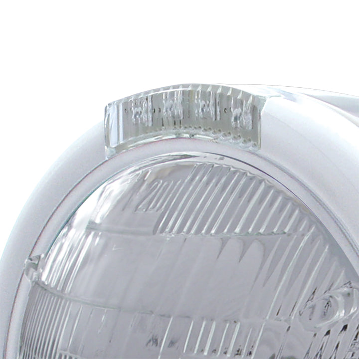 Stainless Steel Classic Half Moon Headlight 6014 Bulb &amp; LED Turn Signal - Clear Lens