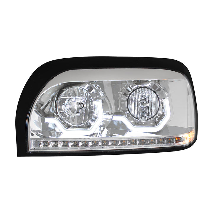 Chrome Headlight With LED Turn Signal &amp; Light Bar For 1996-2010 Freightliner Century - Driver