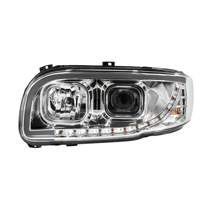 Chrome Projection Headlight With LED Turn Signal &amp; Light Bar For 2008-2024 Peterbilt 389 - Driver