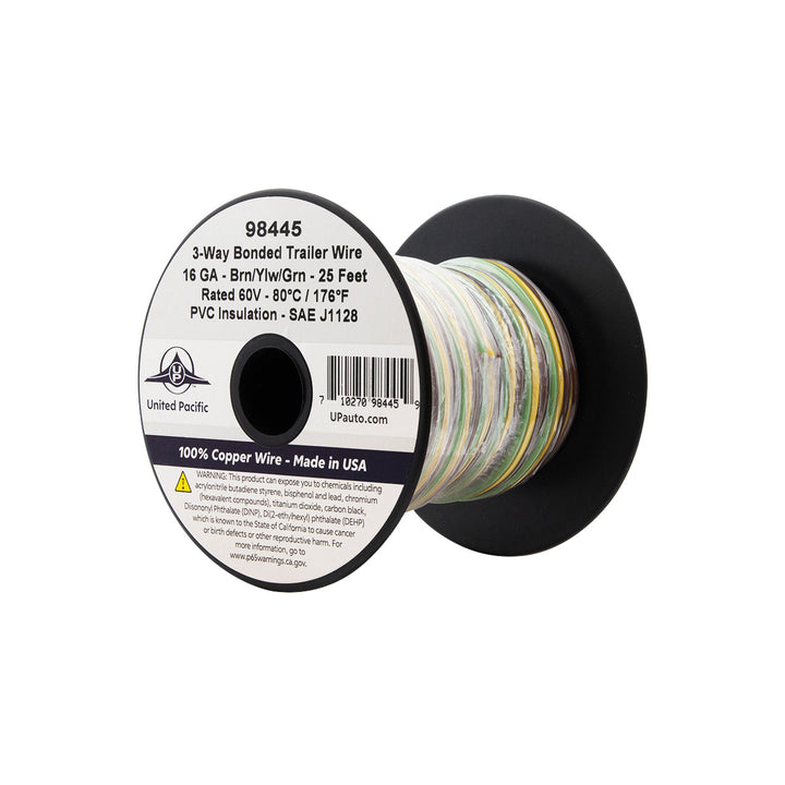 Trailer Wire Bonded - Rated 80°C 16 AWG 3 - Way, Brn/Ylw/Grn 25 Ft.