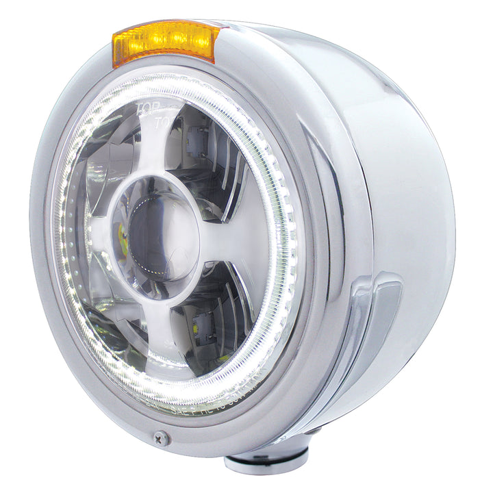 Stainless Steel Bullet Half Moon Headlight LED Projection Headlight &amp; LED Turn Signal - Amber Lens