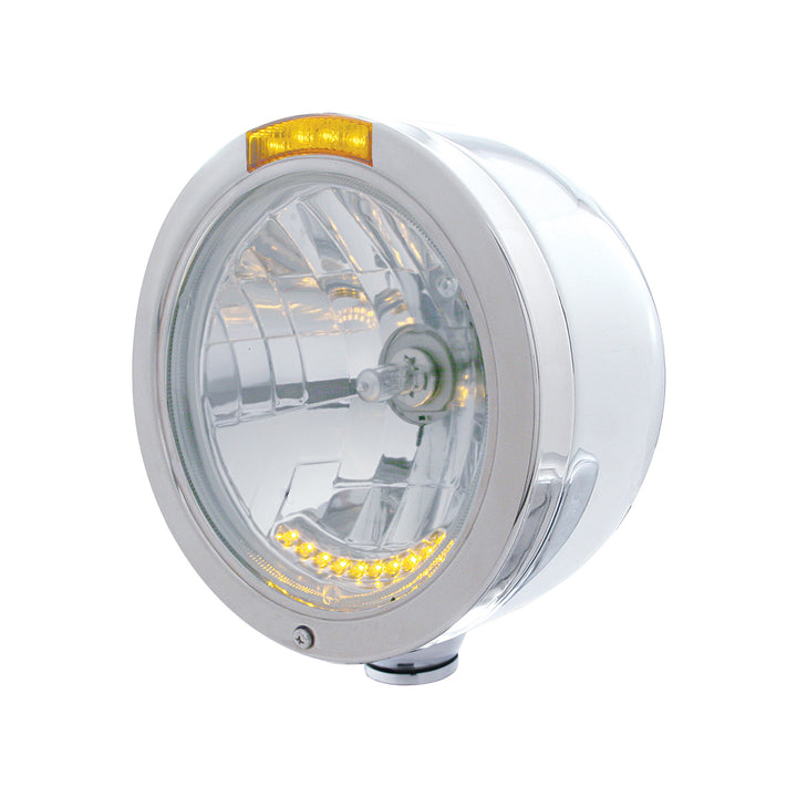 Stainless Steel Bullet Half Moon Headlight H4 With 10 Amber LED &amp; Dual Mode LED Signal - Amber Lens