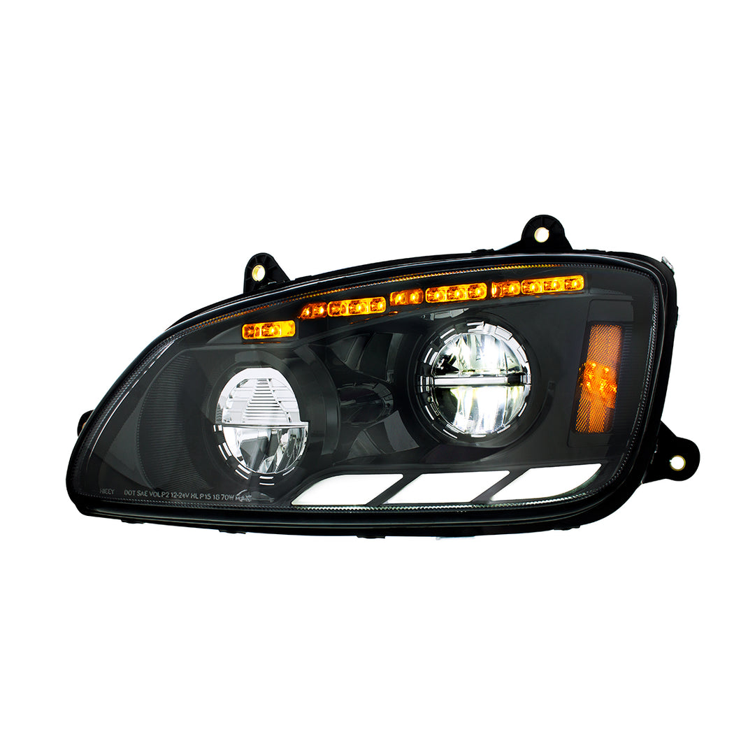 Black LED Headlight With Sequential Turn Signal &amp; Position Light Bars For 2008-17 Kenworth T660 - Driver