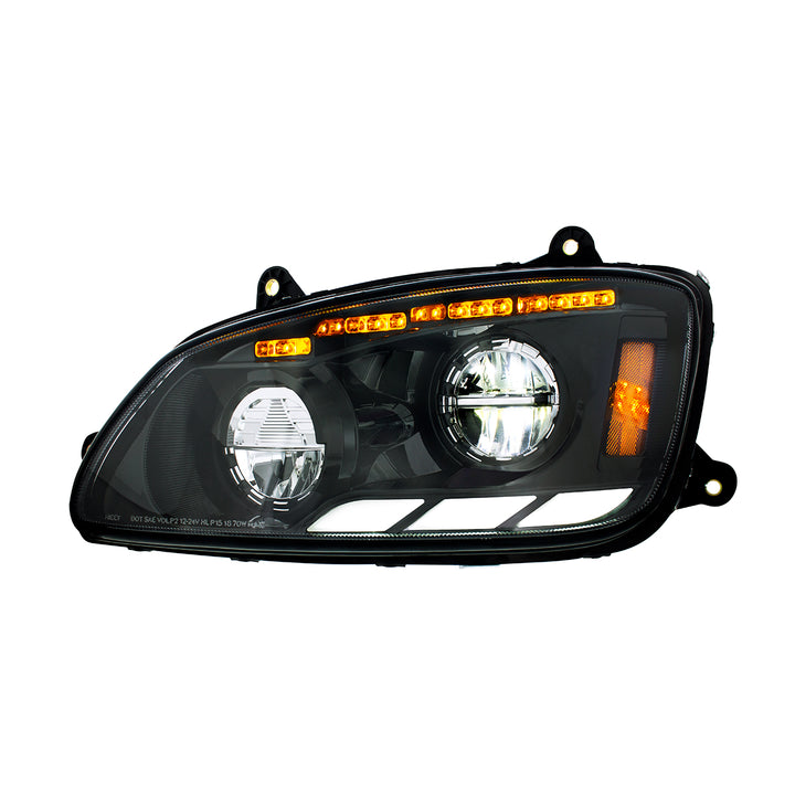 Black LED Headlight With Sequential Turn Signal &amp; Position Light Bars For 2008-17 Kenworth T660 - Driver