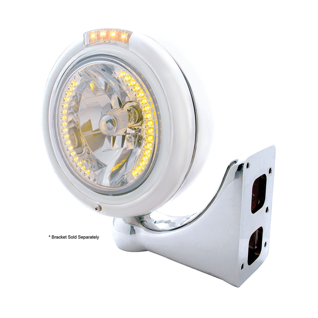 Stainless Steel Classic Headlight H4 With 34 Amber LED &amp; Signal - Clear Lens