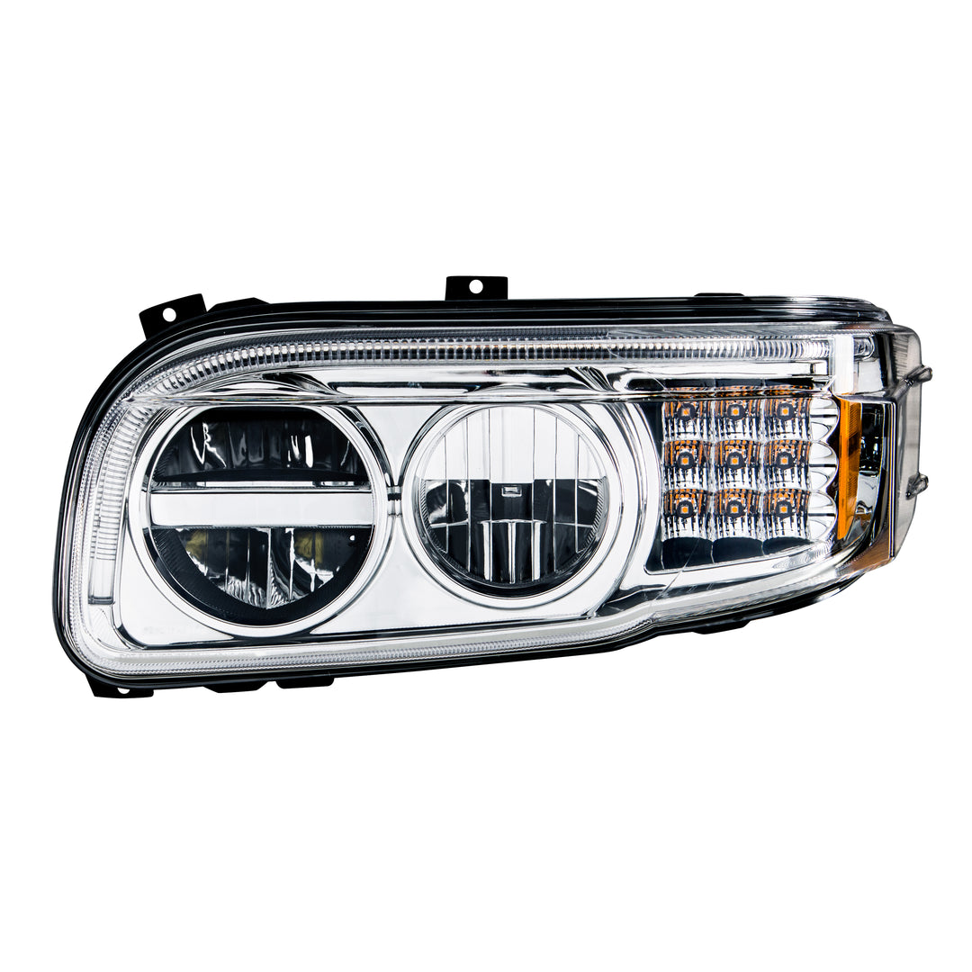 Chrome LED Headlight With LED Turn &amp; Position Light Bar For Peterbilt 388 (2008-2015) &amp; 389 (2008-2023) - Driver