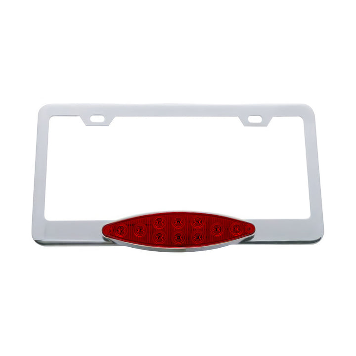 Chrome License Plate Frame With 10 LED Cats Eye Light - Red LED/Red Lens