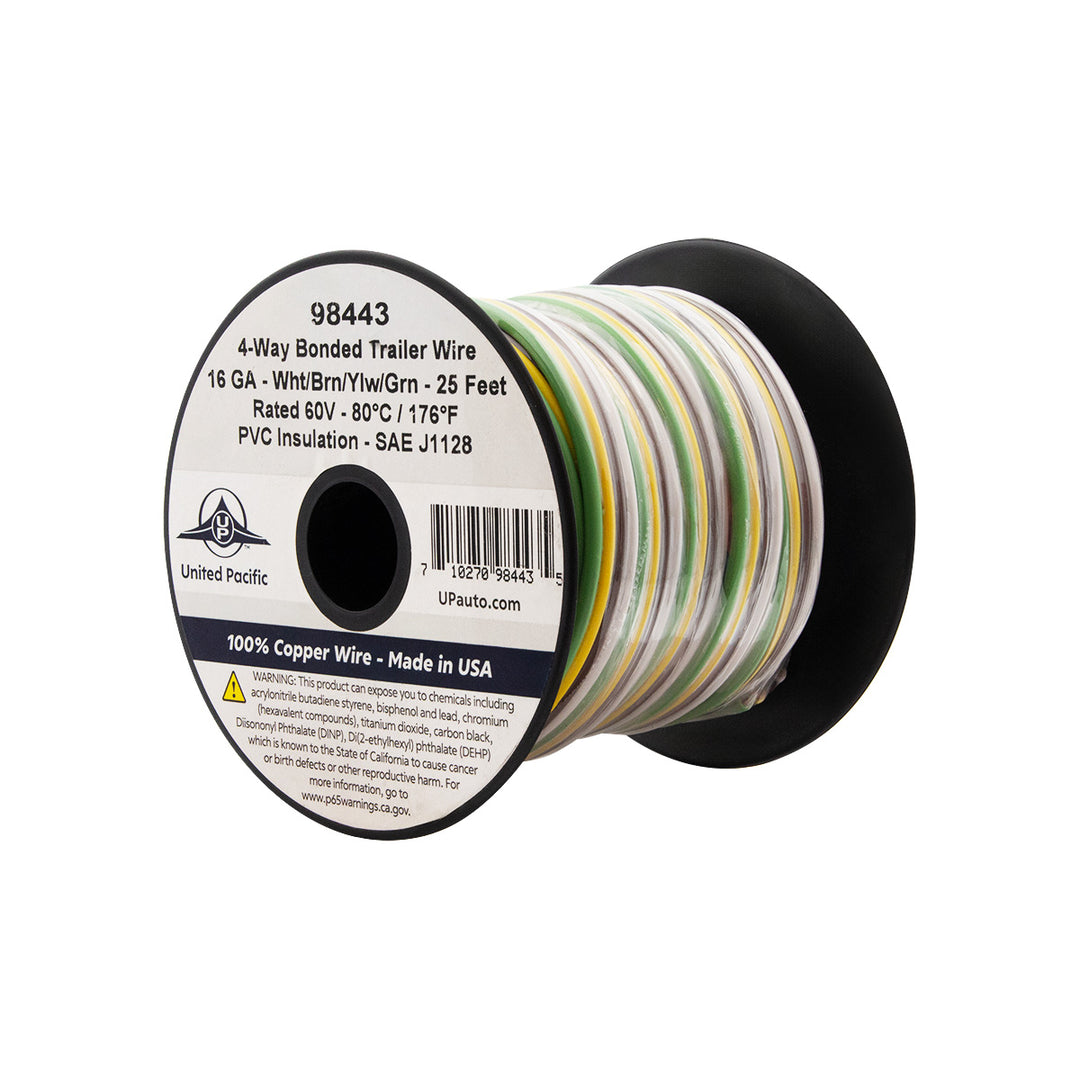Trailer Wire Bonded - Rated 80°C 16 AWG 4 - Way, Wht/Brn/Ylw/Grn 25 Ft.