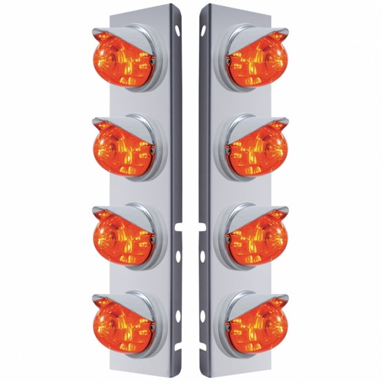 Stainless Steel Front Air Cleaner Bracket With 8 x 17 LED Watermelon Lights &amp; Visors For Peterbilt - Amber LED/Dark Amber Lens