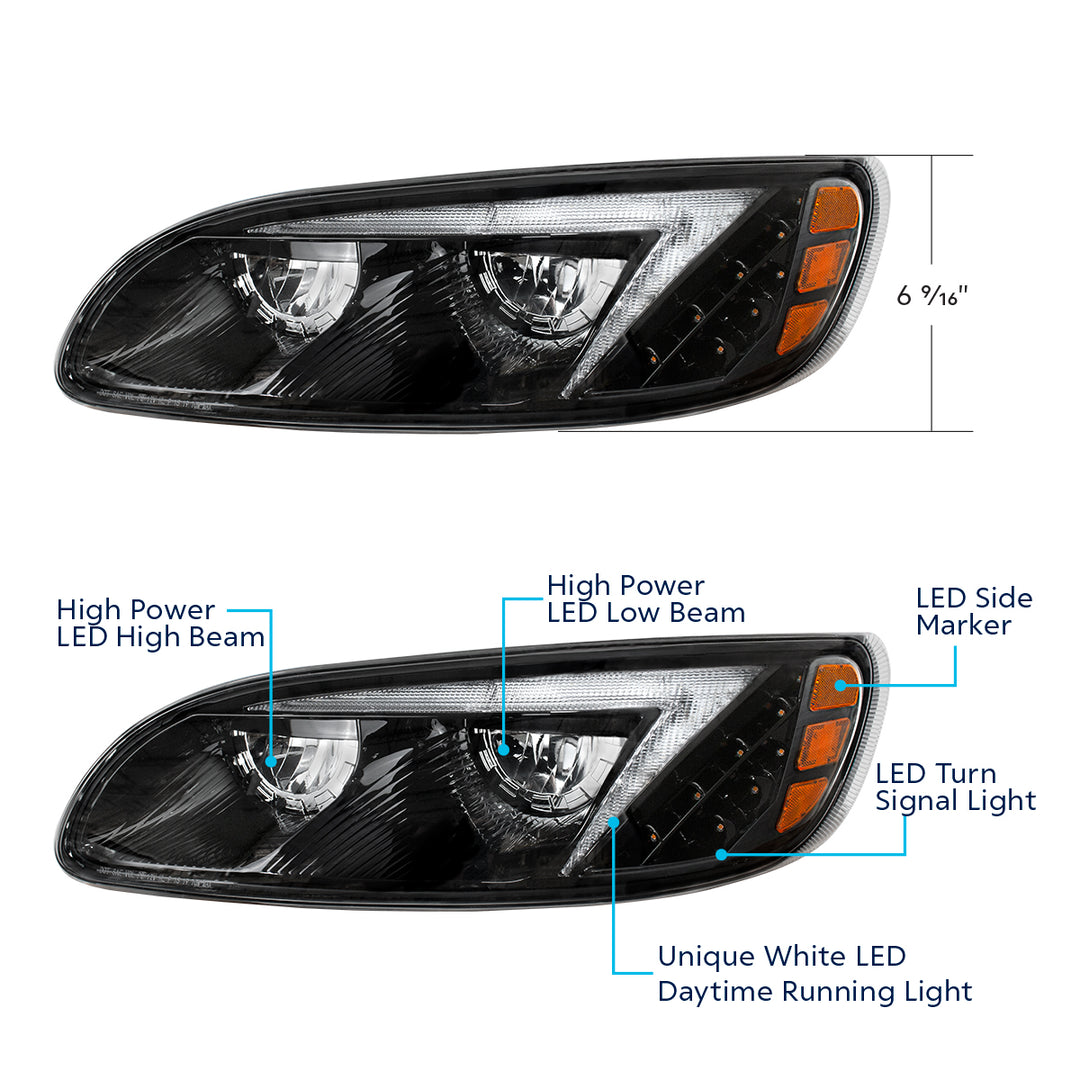 Black LED Headlight For Peterbilt 386 (2005-2015) &amp; 387 (1999-2010) - Driver