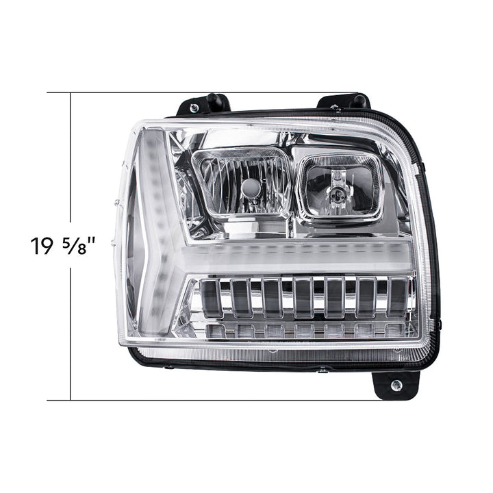 Chrome Headlight With LED DRL Light Bar &amp; Turn Signal For 2018-2024 Kenworth W990 - Passenger