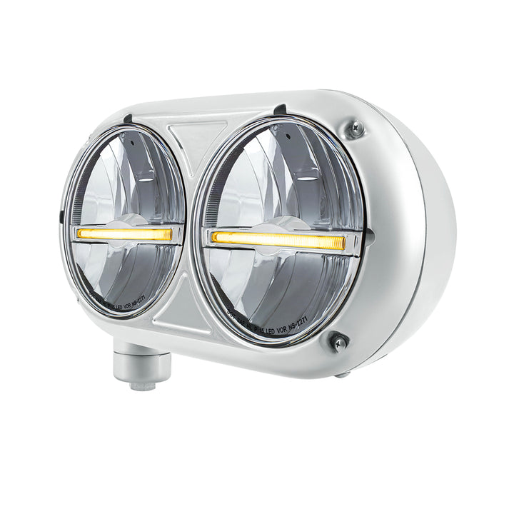 Headlight Assembly With 304 Stainless Steel Housing &amp; LED Headlights W/Amber LED Position Light For Peterbilt 359 - Driver