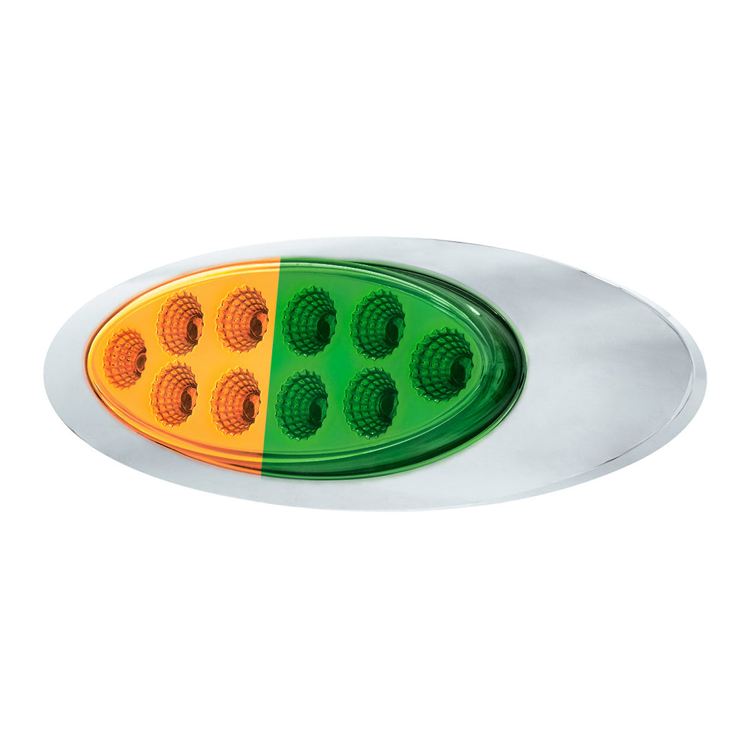 10 LED Oval Double Fury Light With Clear Lens &amp; Chrome Bezel (Clearance/Marker) - Amber &amp; Green LED/Clear Lens