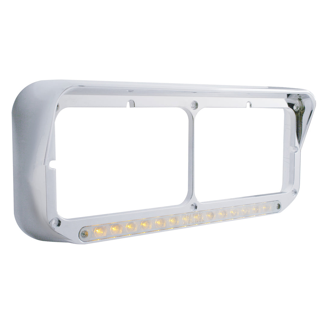 14 LED Chrome Rectangular Dual Headlight Bezel With Visor - Amber LED/Clear Lens