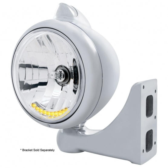 Stainless Steel Guide 682-C Headlight H4 With 10 Amber LED &amp; Original Style LED Signal - Clear Lens