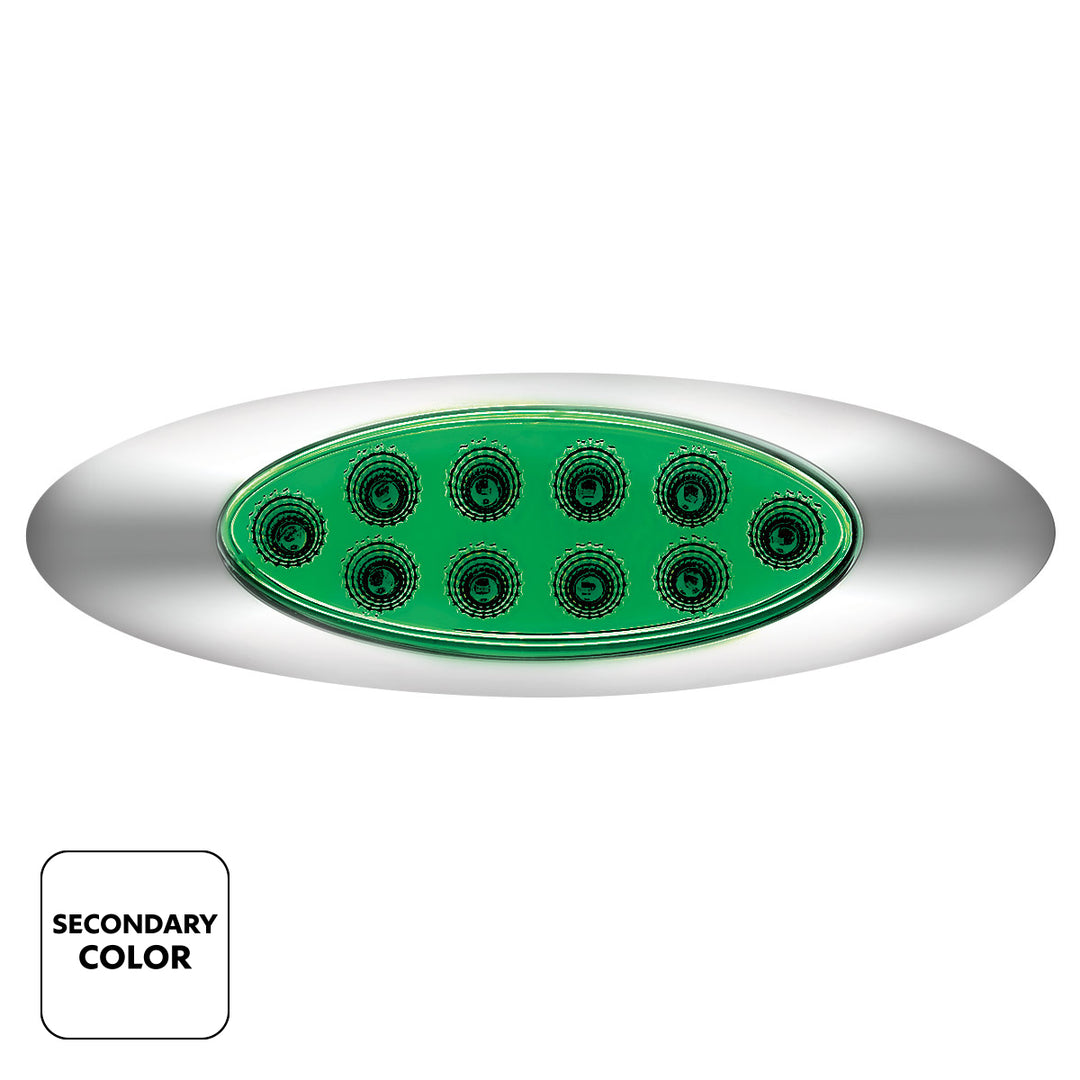 10 LED Oval Double Fury Light With Clear Lens &amp; Chrome Bezel (Clearance/Marker) - Amber &amp; Green LED/Clear Lens