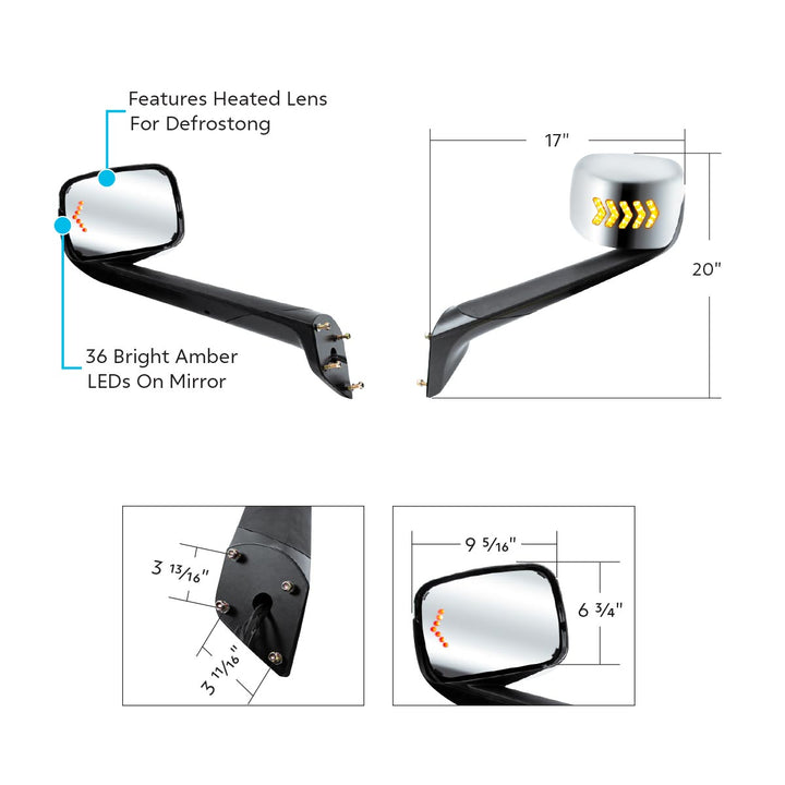 Hood Mirror Assembly W/LED Lights On Mirror Cover &amp; Glass For 2018-2025 Cascadia - Heated/Driver